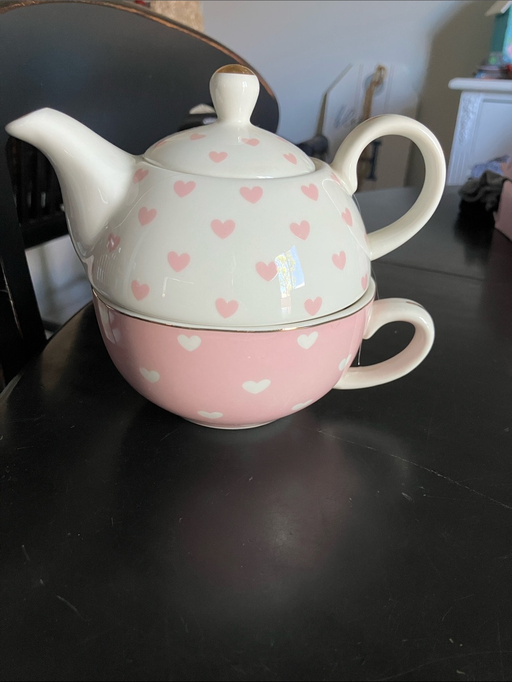 Pink and White Heart Tea for One Set - Ceramic Teapot with Cup
